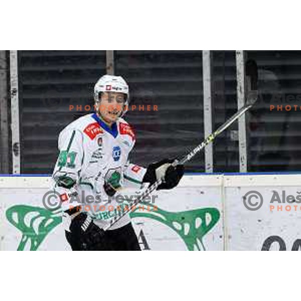 Tadej Cimzar in action during the Slovenian ice-hockey Cup between SIJ Acroni Jesenice and SZ Olimpija in Podmezakla Hall, Jesenice, Slovenia on September 28, 2022