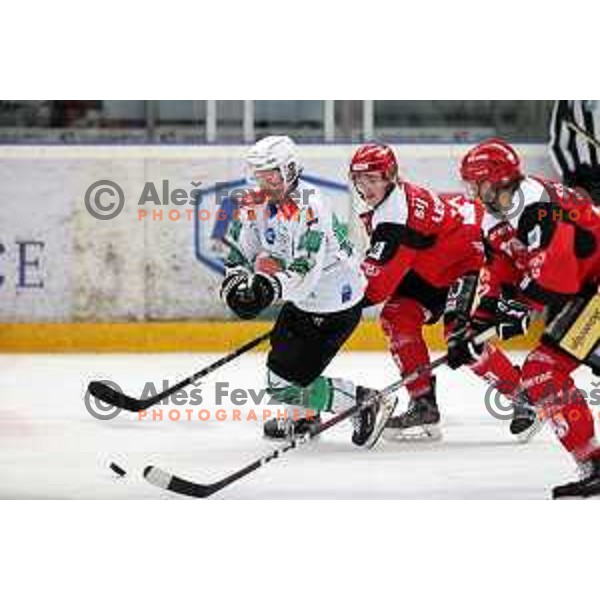 Chris Dodero in action during the Slovenian ice-hockey Cup between SIJ Acroni Jesenice and SZ Olimpija in Podmezakla Hall, Jesenice, Slovenia on September 28, 2022
