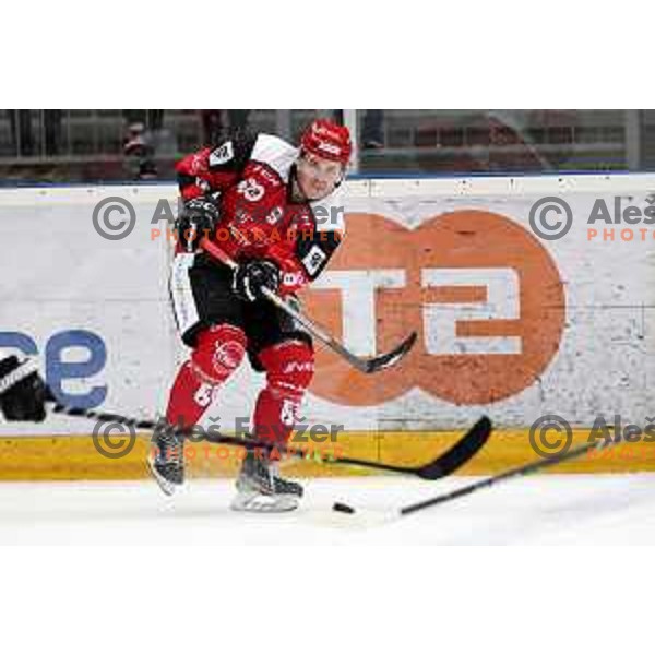 Patrik Rajsar in action during the Slovenian ice-hockey Cup between SIJ Acroni Jesenice and SZ Olimpija in Podmezakla Hall, Jesenice, Slovenia on September 28, 2022