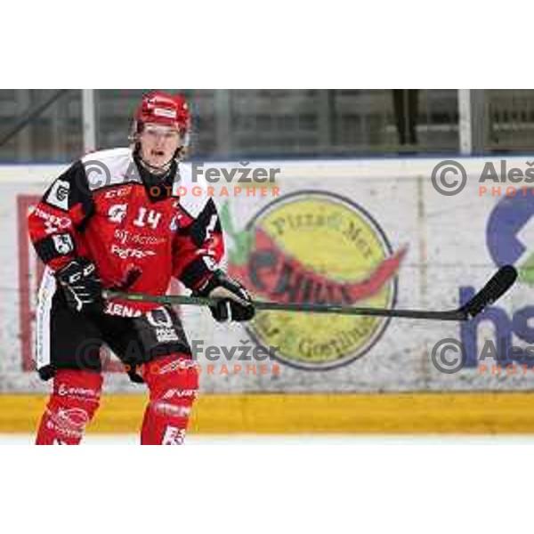 Tjas Lesnicar in action during the Slovenian ice-hockey Cup between SIJ Acroni Jesenice and SZ Olimpija in Podmezakla Hall, Jesenice, Slovenia on September 28, 2022