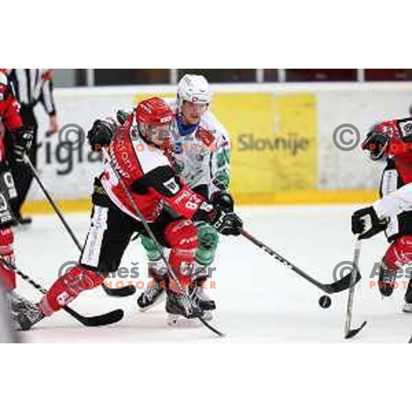 Lovro Kumanovic and Jaka Sodja in action during the Slovenian ice-hockey Cup between SIJ Acroni Jesenice and SZ Olimpija in Podmezakla Hall, Jesenice, Slovenia on September 28, 2022