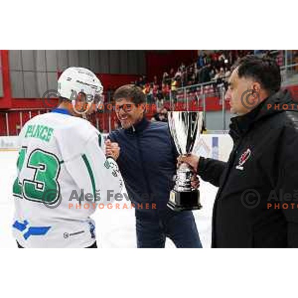 Ziga Pance and Matjaz Rakovec with the trophy for the Slovenian ice-hockey Cup winners between SIJ Acroni Jesenice and SZ Olimpija in Podmezakla Hall, Jesenice, Slovenia on September 28, 2022