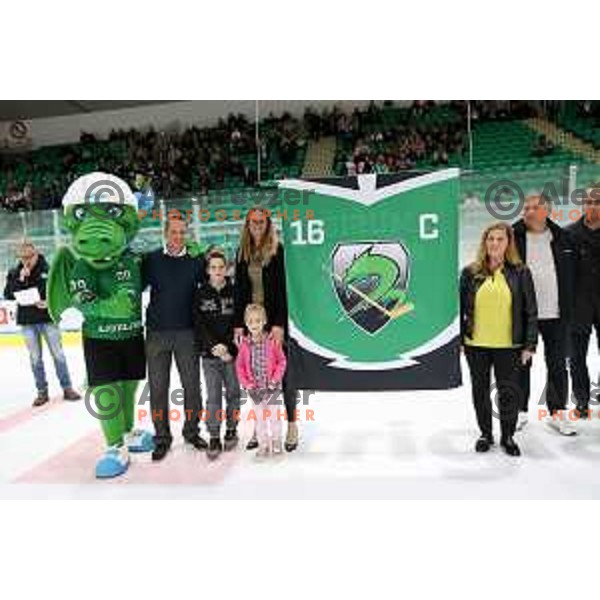 SZ Olimpija retired jersey Nr.16 of his former player Ales Music prior IceHL ice-hockey match between SZ Olimpija (SLO) and Fehervar (HUN) in Tivoli Hall, Ljubljana, Slovenia on October 2, 2022