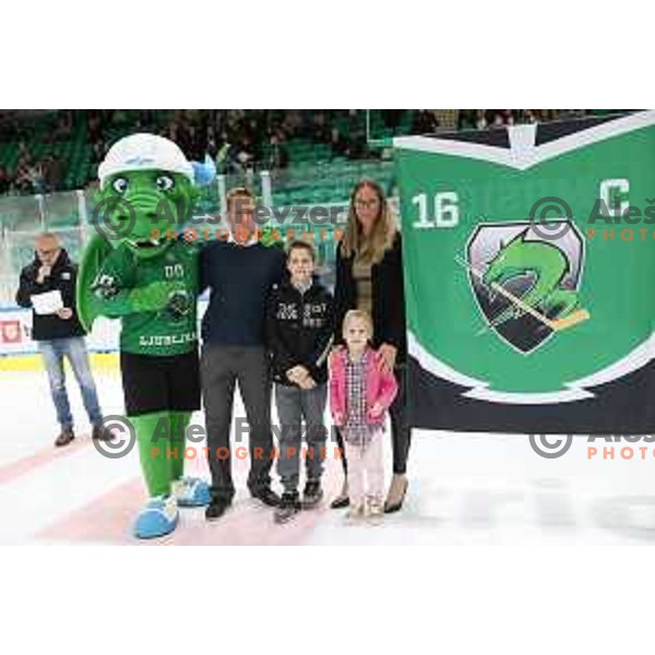 SZ Olimpija retired jersey Nr.16 of his former player Ales Music prior IceHL ice-hockey match between SZ Olimpija (SLO) and Fehervar (HUN) in Tivoli Hall, Ljubljana, Slovenia on October 2, 2022