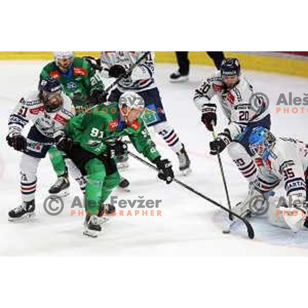 Tadej Cimzar in action during IceHL regular season 2022-2023 ice-hockey match between SZ Olimpija (SLO) and Fehervar (HUN) in Tivoli Hall, Ljubljana, Slovenia on October 2, 2022