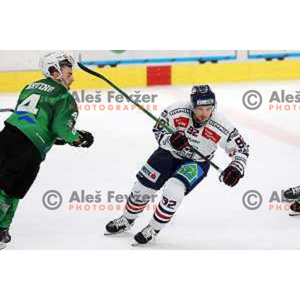 Anze Kuralt in action during IceHL regular season 2022-2023 ice-hockey match between SZ Olimpija (SLO) and Fehervar (HUN) in Tivoli Hall, Ljubljana, Slovenia on October 2, 2022