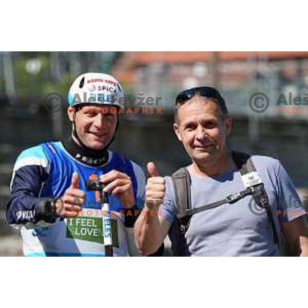 Benjamin Savsek of Slovenia, Olympic gold medalist in C-1 and his coach Joze Vidmar during practice session in Tacen World Cup course in Ljubljana on May 12, 2022