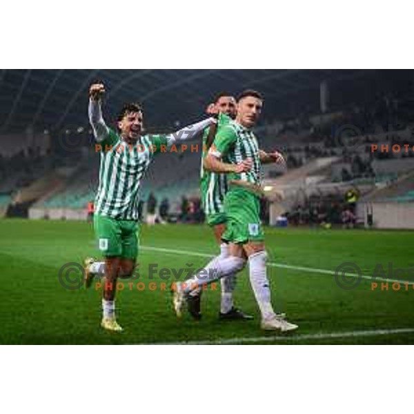 Rui Pedro, Almedin Ziljkic and Mario Kvesic celebrate goal during Prva Liga Telemach 2022-2023 football match between Olimpija and Maribor in SRC Stozice, Ljubljana, Slovenia on October 15, 2022