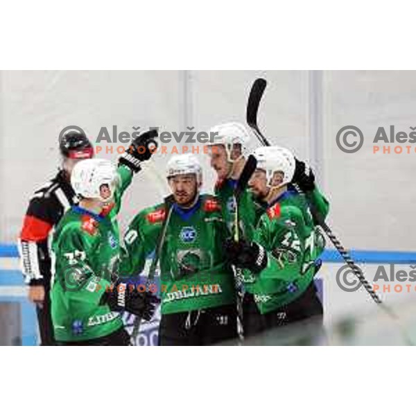 Rok Kapel, Jaka Sturm and Nejc Simsic of SZ Olimpija during IceHL ice-hockey match between SZ Olimpija (SLO) and Bolzano Sudtirol Alperia (ITA) in Tivoli Hall, Ljubljana, Slovenia on October 16, 2022