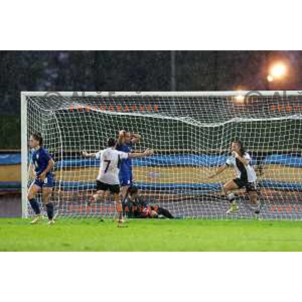Players of team Germany celebrate goal and victory in action during European Women\'s Under 17 Championship 2023 round 1 match between Slovenia and Germany in Krsko, Slovenia on October 22, 2022