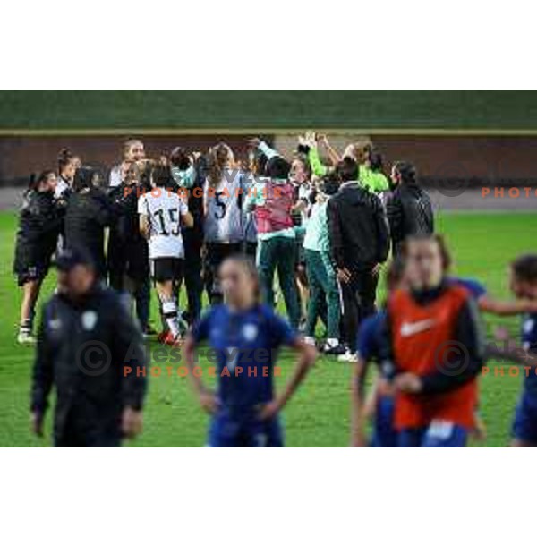 Players of team Germany celebrate goal and victory in action during European Women\'s Under 17 Championship 2023 round 1 match between Slovenia and Germany in Krsko, Slovenia on October 22, 2022