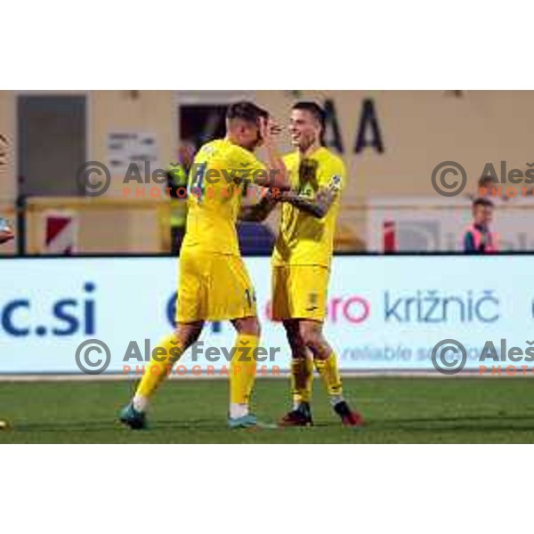 Ivan Durdov and Mitja Ilenic celebrate goal during Prva Liga Telemach 2022-2023 football match between Domzale and Gorica in Domzale, Slovenia on October 28,2022
