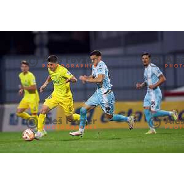 Ziga Repas and Zvonimir Petrovic in action during Prva Liga Telemach 2022-2023 football match between Domzale and Gorica in Domzale, Slovenia on October 28, 2022