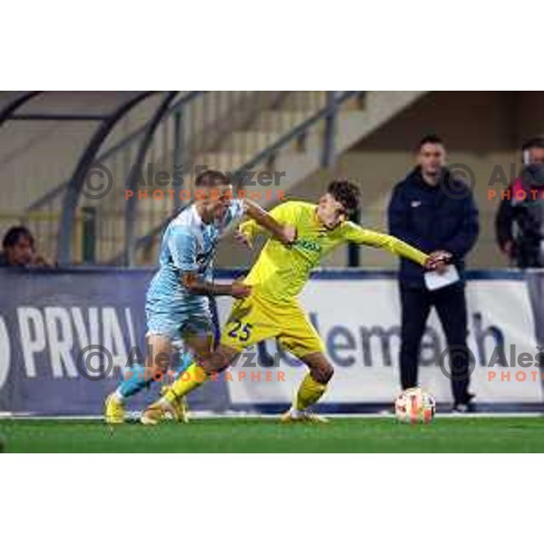 Jost Urbancic and Emir Saitoski in action during Prva Liga Telemach 2022-2023 football match between Domzale and Gorica in Domzale, Slovenia on October 28, 2022