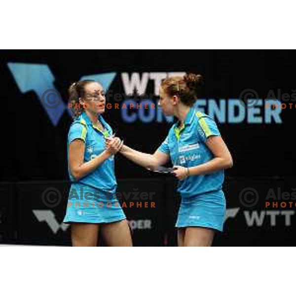 Katarina Strazar and Ana Tofant of Slovenia compete in women\'s doubles at World Table Tennis Contender Nova Gorica, Slovenia on November 3, 2022