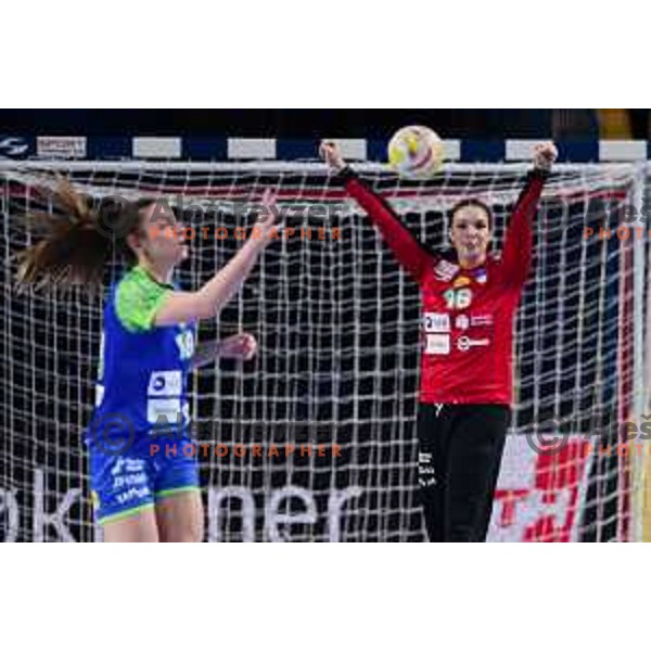 In action during handball match between Slovenia and Denmark at Women\'s EHF Euro 2022, Celje, Slovenia on November 4, 2022