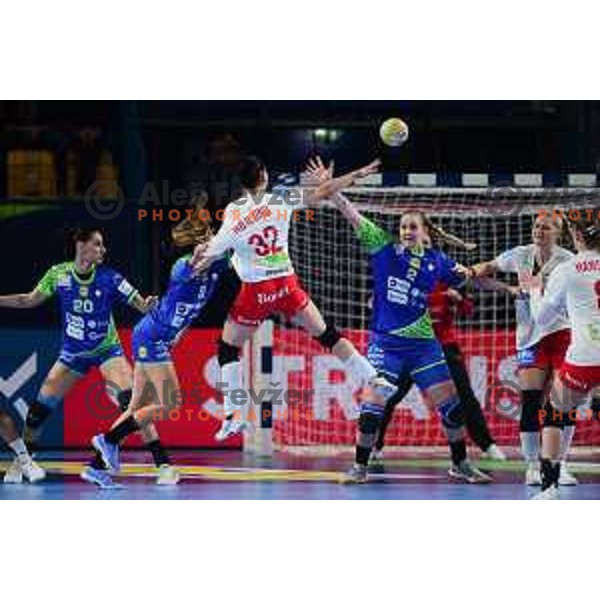 In action during handball match between Slovenia and Denmark at Women\'s EHF Euro 2022, Celje, Slovenia on November 4, 2022