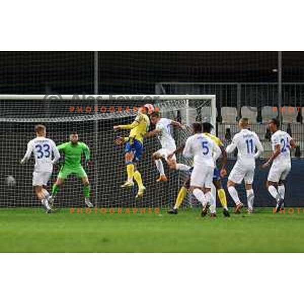 Ajdin Mulalic, Nermin Hodzic of Domzale and Dario Kolobaric of Koper in action during Prva Liga Telemach 2022-2023 football match between Koper and Domzale at Bonifika Arena in Koper, Slovenia on November 4, 2022
