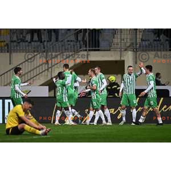 Timi Max Elsnik, Svit Seslar and Mustafa Nukic celebrate goal during Prva Liga Telemach 2022-2023 football match between Kalcer Radomlje and Olimpija in Domzale, Slovenia on November 5, 2022