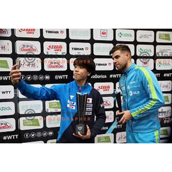 Winner Hiroto Shinozuka of Japan and runner-up Darko Jorgic of Slovenia after the Final of World Table Tennis Contender Nova Gorica, Slovenia on November 6, 2022
