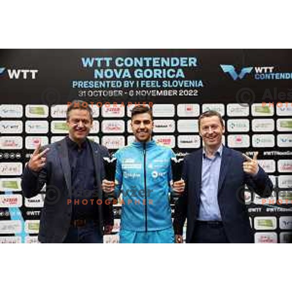 Borut Miklic, Darko Jorgic of Slovenia finalist and Tomaz Kralj at World Table Tennis Contender Nova Gorica, Slovenia on November 6, 2022
