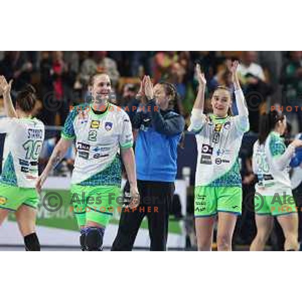 Valentina Klemencic, Nina Zabjek and players of Slovenia celebrate victory at handball match between Slovenia and Serbia at Women\'s EHF Euro 2022, Celje, Slovenia on November 8, 2022