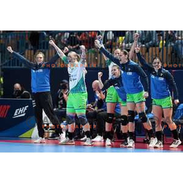 Players of Slovenia celebrate victory at handball match between Slovenia and Serbia at Women\'s EHF Euro 2022, Celje, Slovenia on November 8, 2022