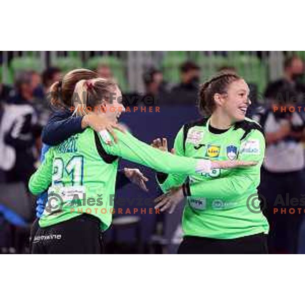 Amra Pandzic and Maja Vojnovic celebrate victory at the handball match between Slovenia and Croatia at Women\'s EHF Euro 2022 in Ljubljana, Slovenia on November 10, 2022