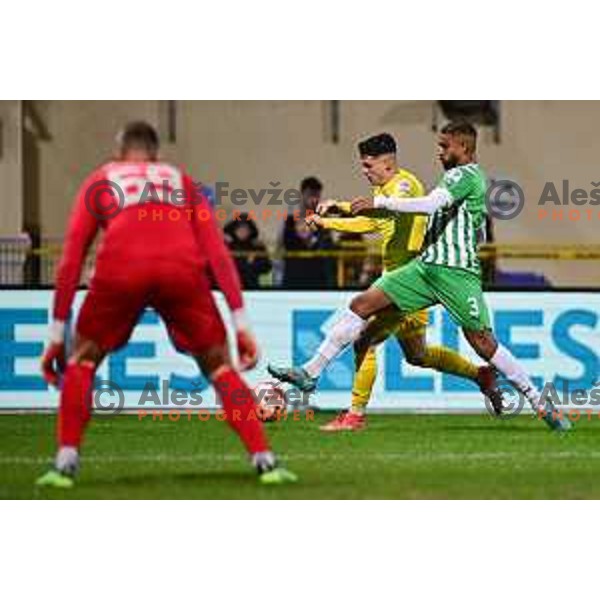 Nick Perc and David Sualehe in action during Prva Liga Telemach 2022-2023 football match between Domzale and Olimpija in Domzale, Slovenia on November 12, 2022
