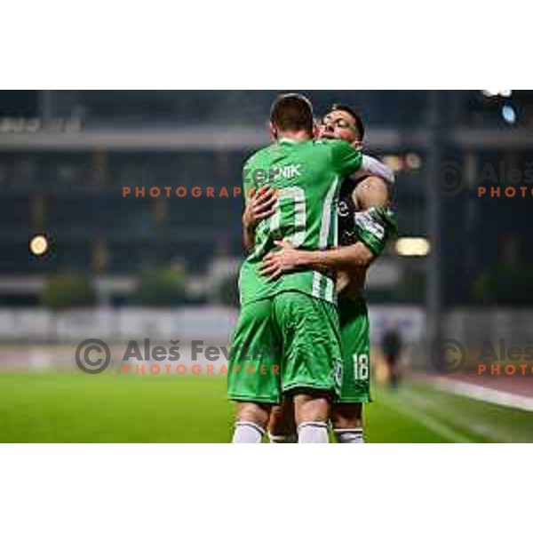 Timi Max Elsnik and Mario Kvesic celebrate goal during Prva Liga Telemach 2022-2023 football match between Domzale and Olimpija in Domzale, Slovenia on November 12, 2022