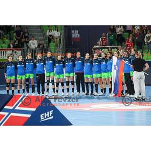 in action during the handball match between Slovenia and Norway at Women\'s EHF Euro 2022 in Ljubljana, Slovenia on November 14, 2022