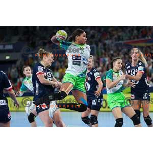Elizabeth Omoregie in action during the handball match between Slovenia and Norway at Women\'s EHF Euro 2022 in Ljubljana, Slovenia on November 14, 2022