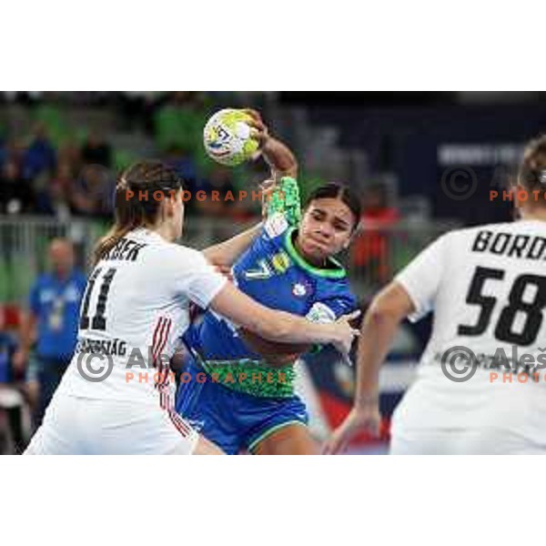 Elizabeth Omoregie in action during the handball match between Slovenia and Hungary at Women\'s EHF Euro 2022 in Ljubljana, Slovenia on November 16, 2022
