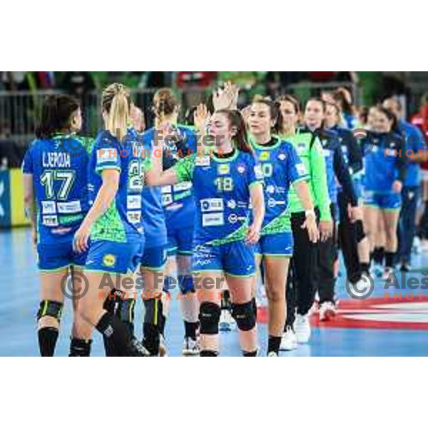 in action during the handball match between Slovenia and Hungary at Women\'s EHF Euro 2022 in Ljubljana, Slovenia on November 16, 2022