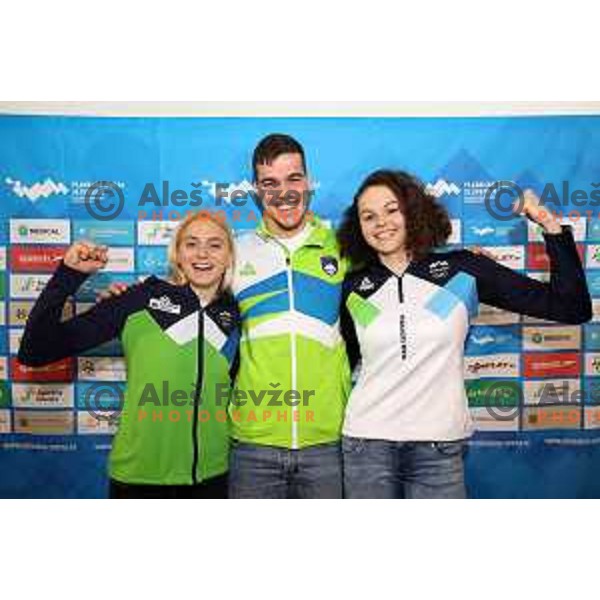 Neza Klancar, Peter John Stevens and Katja Fain of Slovenia Swimming team at press conference in Ljubljana, Slovenia on November 28, 2022 