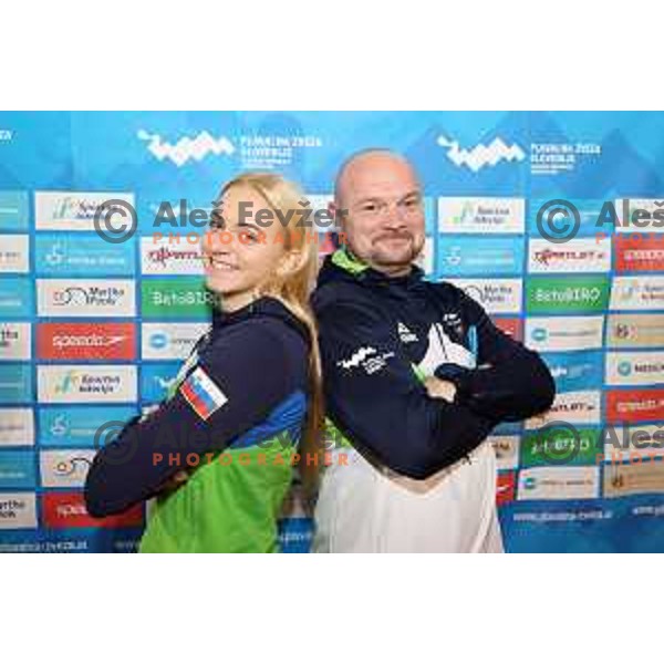 Neza Klancar and Tomaz Torkar of Slovenia Swimming team at press conference in Ljubljana, Slovenia on November 28, 2022 