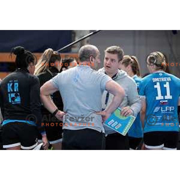 Dragan Adzic and Jure Sterbucl in action during EHF Champions league Women handball match between Krim Mercator (SLO) and Odense (DEN) in Ljubljana, Slovenia on December 4, 2022 