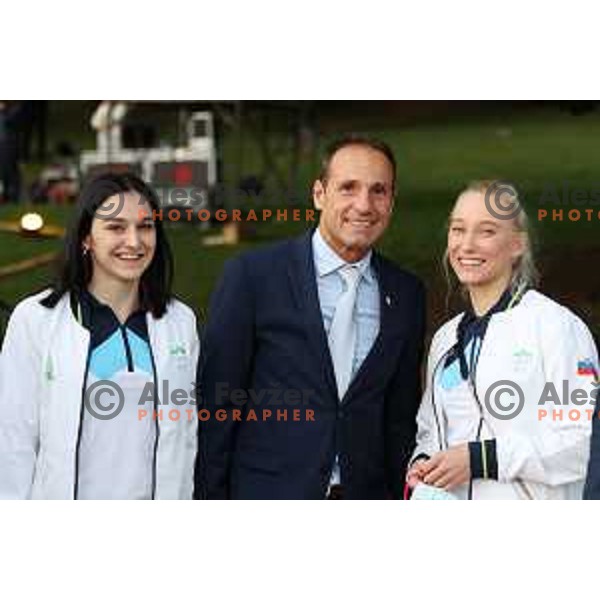 Mia Krampl, Tomaz Barada, Candidate for President of Slovenia Olympic Committee and Janja Garnbret at Bled on September 17, 2021 