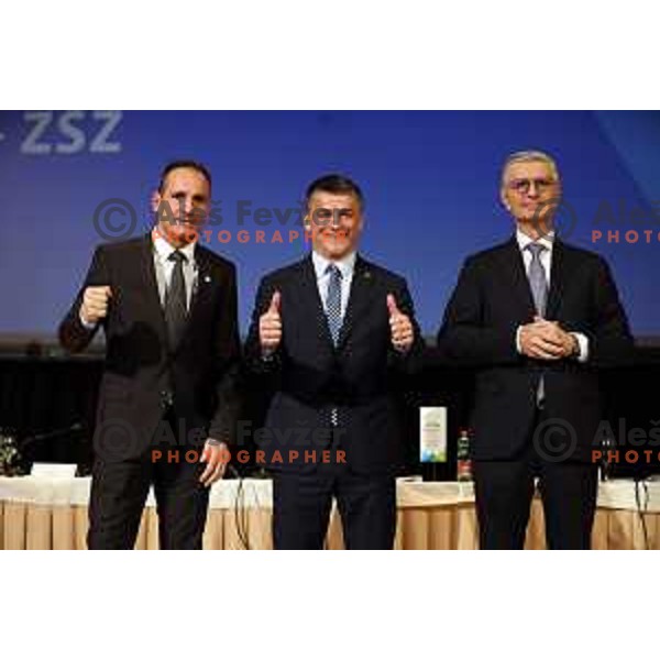 Tomaz Barada, Janez Sodrznik and Franjo Bobinac, candidates for new president of Slovenia Olympic Committee at General Assembly of OKS-ZSZ in hotel Union, Ljubljana, Slovenia on December 16, 2022 