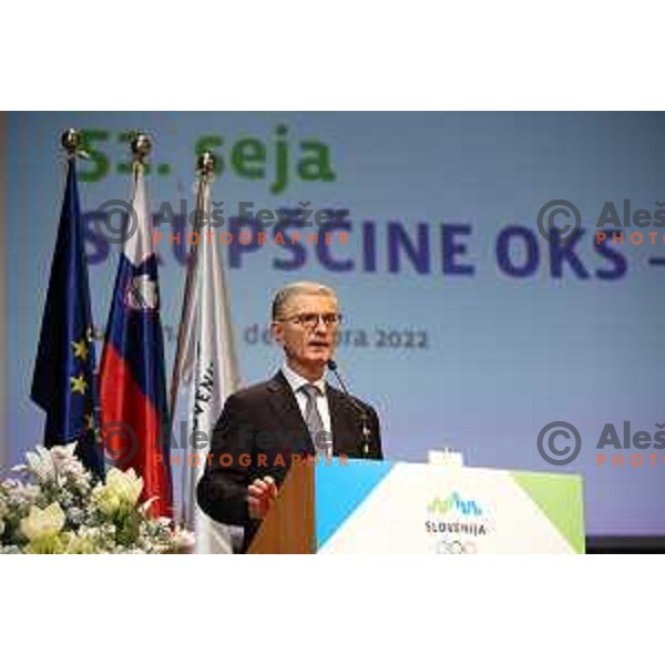 Franjo Bobinac, newly elected president of Slovenia Olympic Committee has a speech at General Assembly of OKS-ZSZ in hotel Union, Ljubljana, Slovenia on December 16, 2022