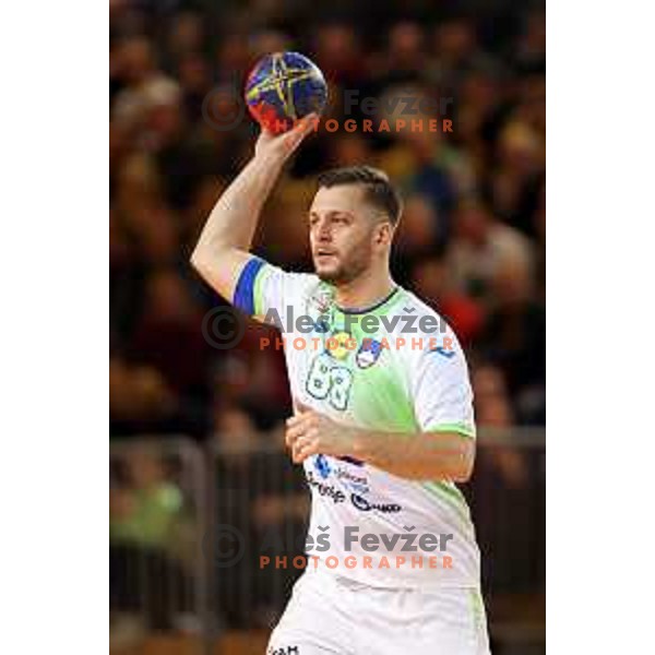 Aleks Vlah in action during a friendly handball match between Slovenia and Hungary in Ljutomer, Slovenia on January 5, 2023 