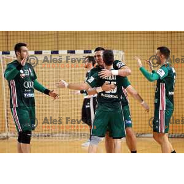 Richard Bodo of Hungary scores and celebrates winning goal with his teammates during friendly handball match between Slovenia and Hungary in Ljutomer, Slovenia on January 5, 2023
