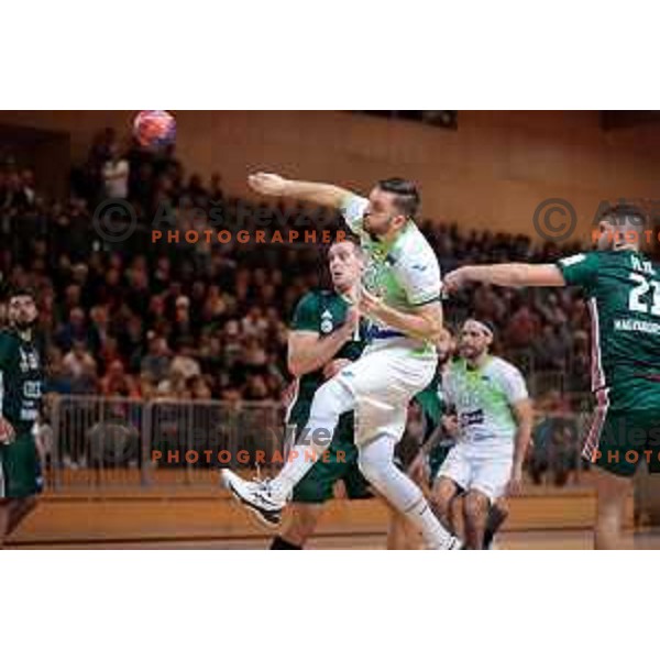 Aleks Vlah in action during a friendly handball match between Slovenia and Hungary in Ljutomer, Slovenia on January 5, 2023 