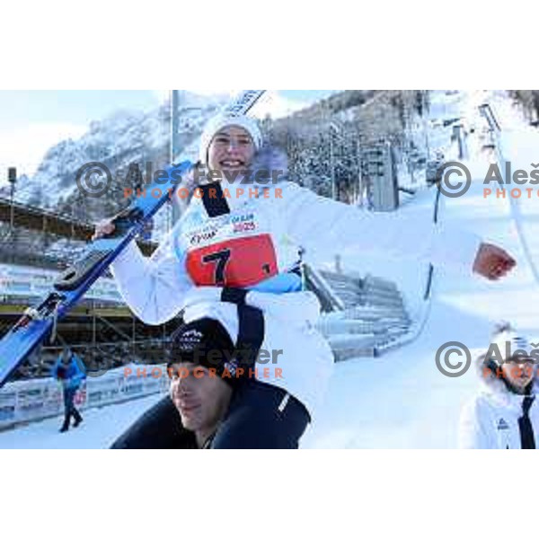 Coach Jurij Teoes and Tinkara Komar at European Youth Olympic Festival in Ski jumping mix team event in Planica during EYOF Tarvisio 2023 on January 27, 2023