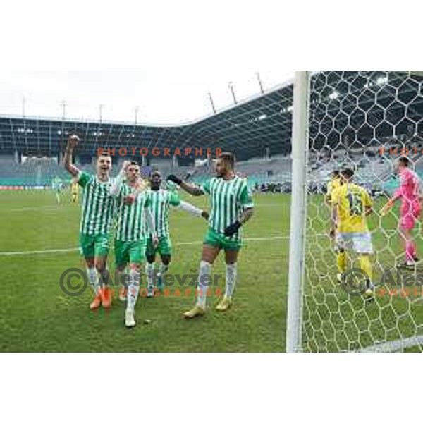 Mario Kvesic of Olimpija scores penalty and celebrates goal during Prva Liga Telemach 2022-2023 football match between Olimpija and Bravo in SRC Stozice, Ljubljana, Slovenia on February 11, 2023