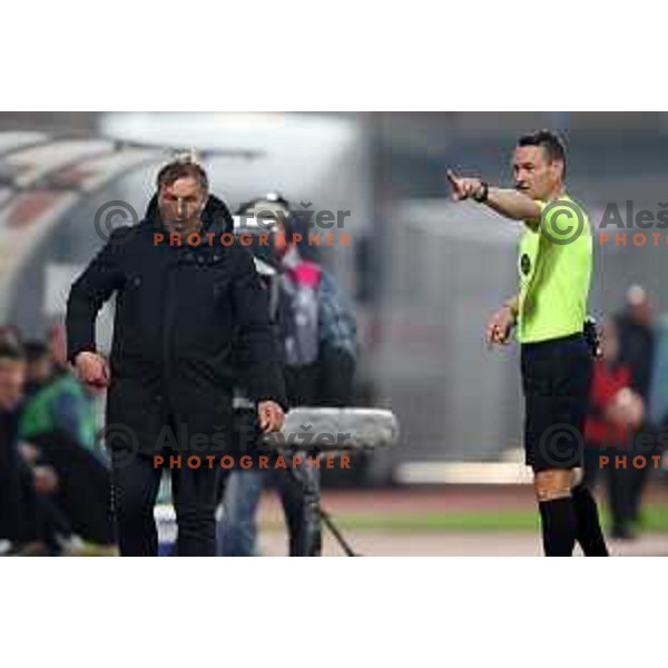 Miran Srebrnic, head coach of Gorica and referee Bojan Mertik during Prva Liga Telemach 2022-2023 football match between Gorica and Koper in Nova Gorica, Slovenia on February 18, 2023