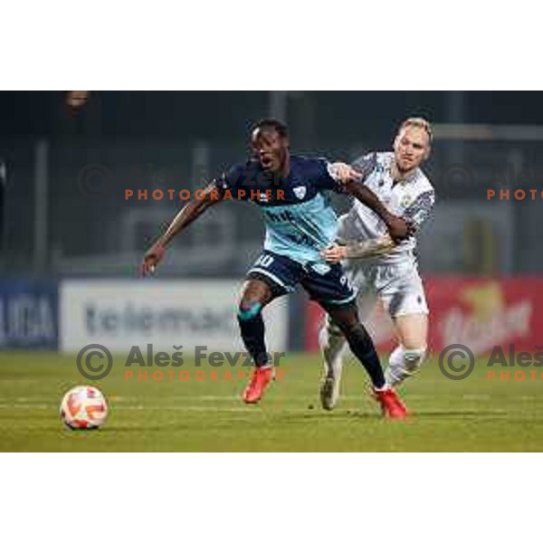 Ahmed Awua Ankrah and Zan Benedicic in action during Prva Liga Telemach 2022-2023 football match between Gorica and Koper in Nova Gorica, Slovenia on February 18, 2023