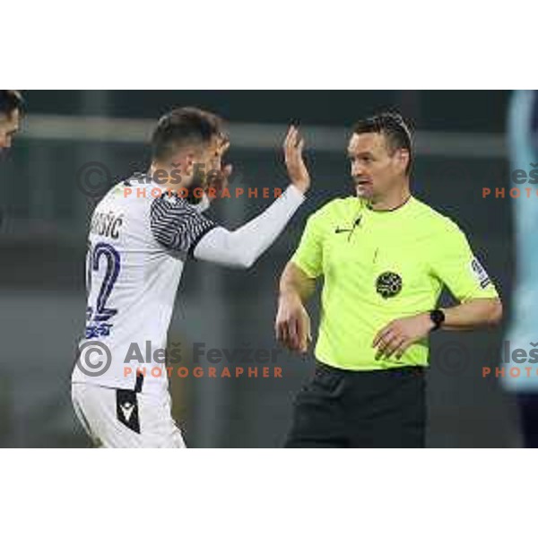 Maks Barisic and referee Bojan Mertik during Prva Liga Telemach 2022-2023 football match between Gorica and Koper in Nova Gorica, Slovenia on February 18, 2023