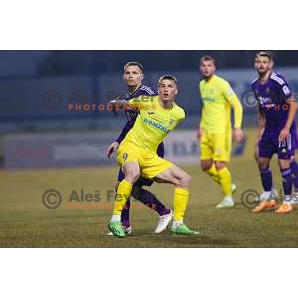 Martin Milec of Maribor and Franko Kovacevic of Domzale during Prva Liga Telemach 2022-2023 football match between Domzale and Maribor in Sportni park Domzale, Domzale, Slovenia on February 23, 2023