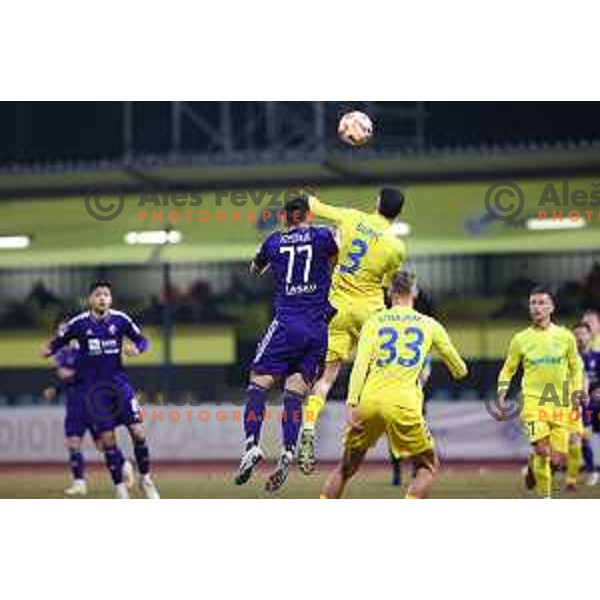 Zan Vipotnik of Maribor and Andrej Djuric of Domzale during Prva Liga Telemach 2022-2023 football match between Domzale and Maribor in Sportni park Domzale, Domzale, Slovenia on February 23, 2023